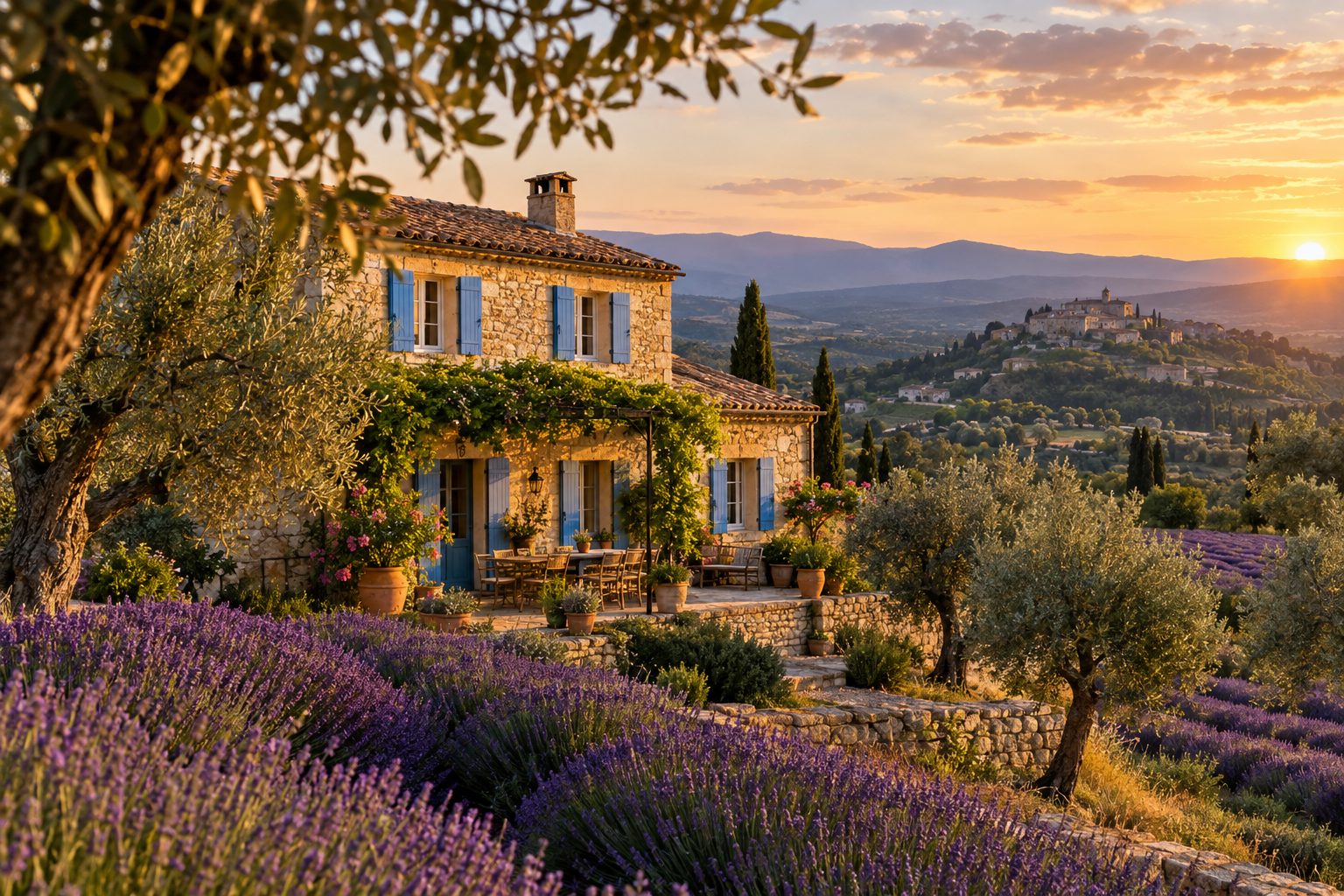 Stone country house in Provence with blue shutters and lavender
