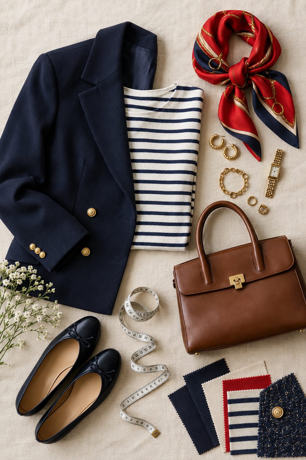 French wardrobe styling with a navy blazer, Breton stripes and red scarf